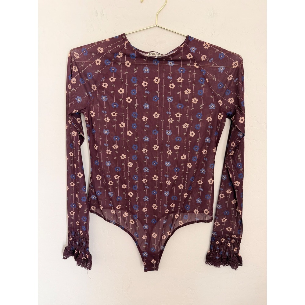 Intimately Free People Floral Mesh Bodysuit Plum Purple Smocked Lace Cuff S NWOT